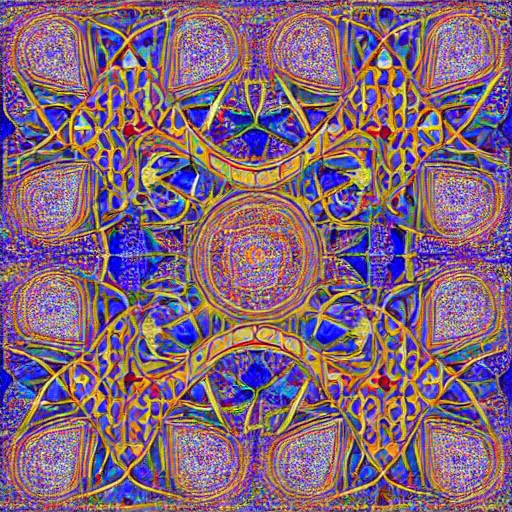 Prompt: ''hyperrealistic dmt palace with mosque geometric morrocan tile pattern in the centre a realistic dmt ayahuasca geometric fractal entity with heads as pillars in the beackground flowing snakes going throug the space merkabah geometric landscape as floor with ultramarine color and fluroescent sprinkles intricate detail alex grey hr ''