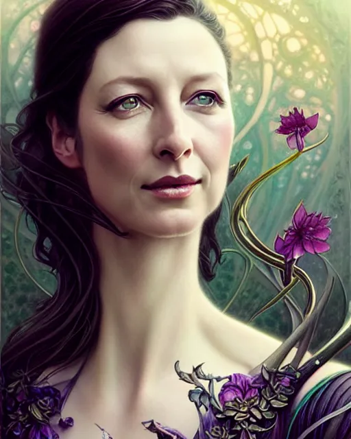 Image similar to beautiful and playful ethereal caitriona balfe ( outlander ) portrait, art nouveau, fantasy, intricate flower designs, elegant, highly detailed, sharp focus, art by artgerm and greg rutkowski and wlop
