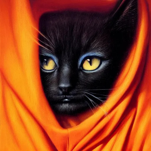 Image similar to a portrait of a kitten wearing a black hood, cloak covering face, anatomically correct, beautiful perfect face, enigmatic, oil painting, matte, black background, Volumetric dynamic lighting, Highly Detailed, Cinematic Lighting, Unreal Engine, 8k, HD, by Beksinski