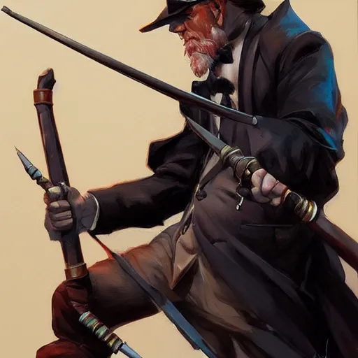 Prompt: distinguished gentleman with cane, lightning, portrait, behance hd artstation, style of jesper ejsing