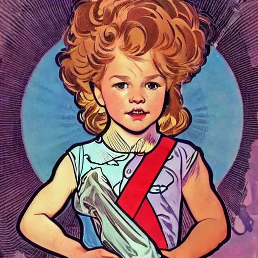 Prompt: a cute little girl with a mischievous face and short brown wavy curly hair. she is dressed as an astronaut. well composed, clean elegant painting, beautiful detailed face. comic book art by steve ditko and jack kirby and ( alphonse mucha )