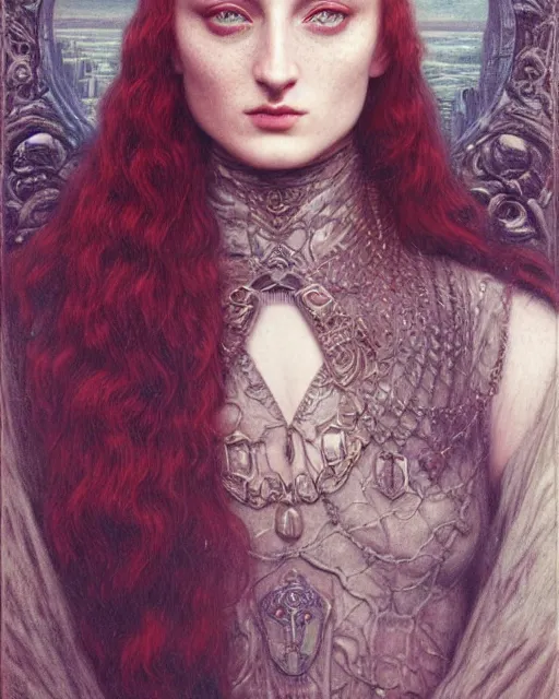 Prompt: matte painting portrait shot, beautiful sophie turner, steampunk, detailed and intricate by jean delville, gustave dore and marco mazzoni, art nouveau, symbolist, visionary, gothic, pre - raphaelite