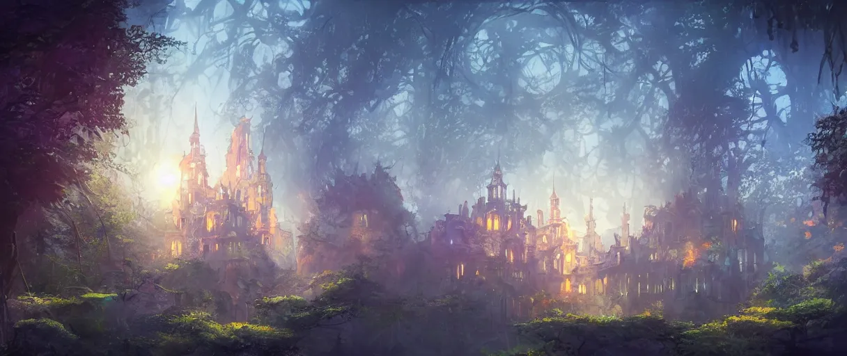 Prompt: huge academic castle city in the forest behind a garden, concept art, digital painting, style of jordan grimmer, warm lighting, futuristic, volumetric lighting, view from below, vivid colours, bright, nighttime, moon rays , high detail, not a lot of grass