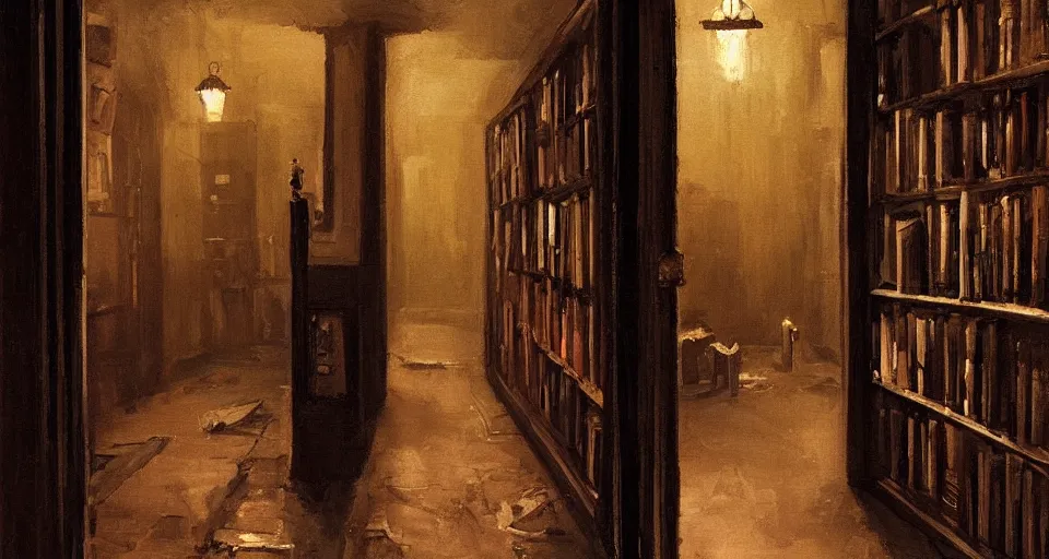 Prompt: Stefan Koidl's painting of a very dark creepy victorian corridor with bookshelves everywhere and two candles. 4k, artstation.