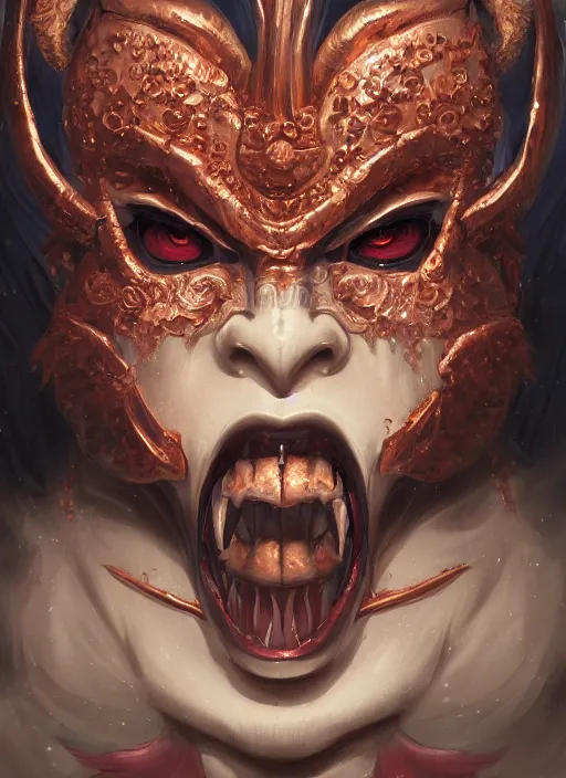 Image similar to a beautiful detailed oil on copper art illustration of a oni hannya mask shogun dragon woman, centered, by charlie bowater, zeng fanzh, trending on artstation, dim dusk lighting, cinematic lighting, detailed lighting, volumetric lighting, realistic, f 8, 4 k hd wallpaper