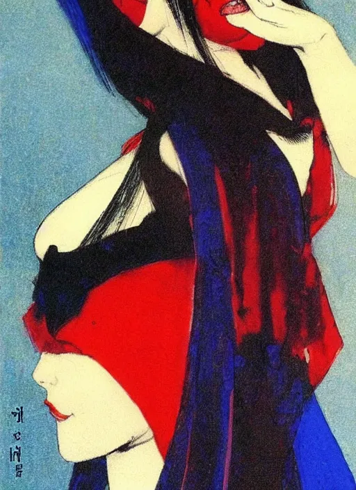 Image similar to portrait of heavyset korean vampiress, jeweled veil, blue and red, strong line, saturated color, beautiful! coherent! by frank frazetta, high contrast, minimalism