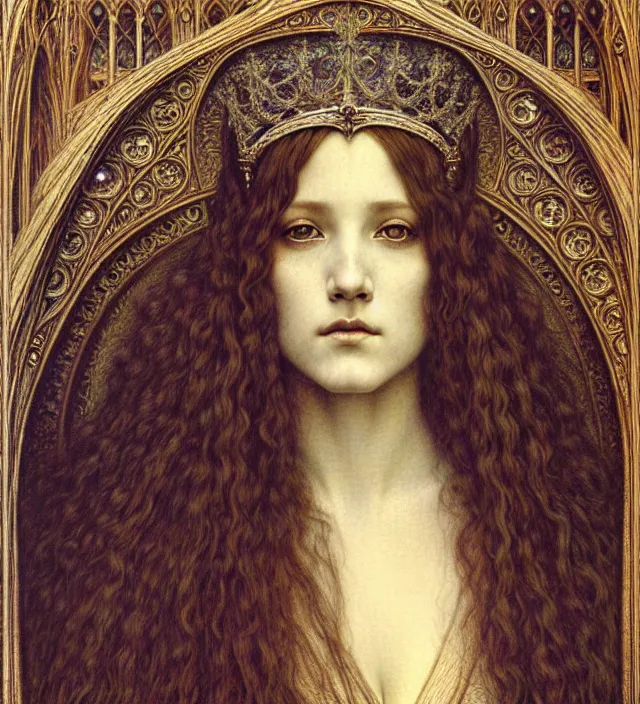 Image similar to detailed realistic beautiful young medieval queen face portrait by jean delville, gustave dore and marco mazzoni, art nouveau, symbolist, visionary, gothic, pre - raphaelite. horizontal symmetry