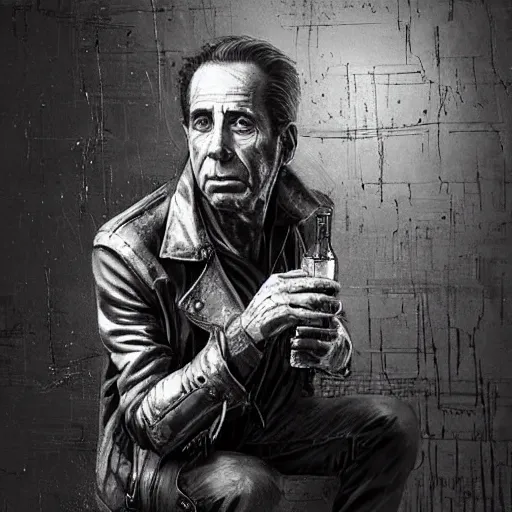 Image similar to a highly detailed epic cinematic concept art CG render digital painting artwork costume design: Humphrey Bogart, scruffy beard, old scars on the face, unkempt long hair, grizzled, tired, in an old 1950s leather jacket, with a bottle of whisky in hand. By Greg Rutkowski, Ilya Kuvshinov, WLOP, Stanley Artgerm Lau, Ruan Jia and Fenghua Zhong, trending on ArtStation, made in Maya, Blender and Photoshop, octane render, excellent composition, cinematic atmosphere, dynamic dramatic cinematic lighting, aesthetic, very inspirational, arthouse