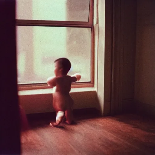 Image similar to a woman from behind, eye-level shot, in a dimly lit room, looking at her child playing with toys, the scene is lit by a small window to the right of the woman, cinestill 800t, dark atmosphere