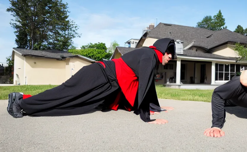 Image similar to Darth doing pushups in front of his house, 8k