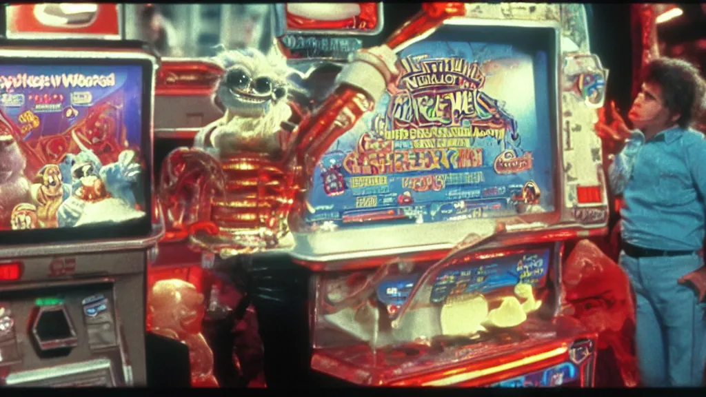 Image similar to Hyperreal Gremlins disguised as casino arcade machines dispense experimental ice cream vaccine derived from predator, xenomorph and furby goosebumps goo in downtown silicon valley, film still from banned media Gremlins 3 New World Order, directed by REDACTED circa 1992 | text reads \'Gremlins 3 New World Order\' | Gremlins