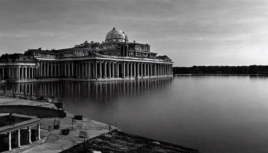 Prompt: 1 9 7 0 s movie still by andrei tarkovsky of a neoclassical sphere palace with a lake in the middle, by piranesi, panoramic, ultra wide lens, cinematic light, lens flare, anamorphic
