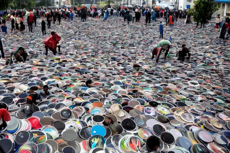 Image similar to sugondese people sorting a giant pile of compact discs