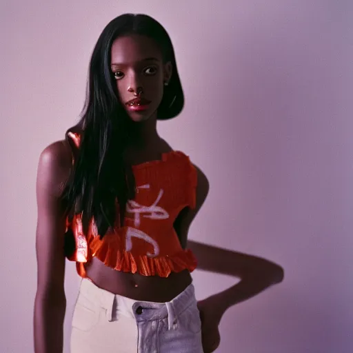 Image similar to realistic photoshoot for a new off-white lookbook, color film photography, portrait of a beautiful girl in style of tyler Mitchell, 35mm, graflex