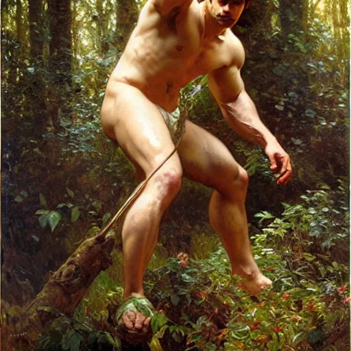 Prompt: attractive henry cavill as withcer and attractive joey batey as jaskier hauting wild creature in the wood highly detailed painting by gaston bussiere, craig mullins, j. c. leyendecker, alphonse mucha 8 k