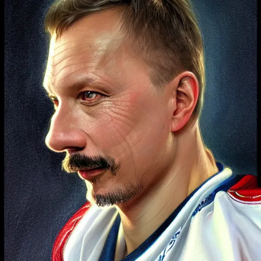 Image similar to 2010 portrait of hockey coach Larionov, fantasy, intricate, elegant, highly detailed, digital painting, artstation, concept art, smooth, sharp focus, luxury fashion illustration, art by artgerm and greg rutkowski and alphonse mucha, brightly lit cinematic soft lighting, photorealistic