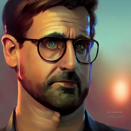 Image similar to Portrait of a cyborg Steve Carell, mattepainting concept Blizzard pixar maya engine on stylized background splash comics global illumination lighting artstation lois van baarle, ilya kuvshinov, rossdraws