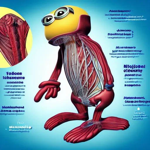 Image similar to A detailed biological anatomy of a minion, photorealistic, textbook, scientific