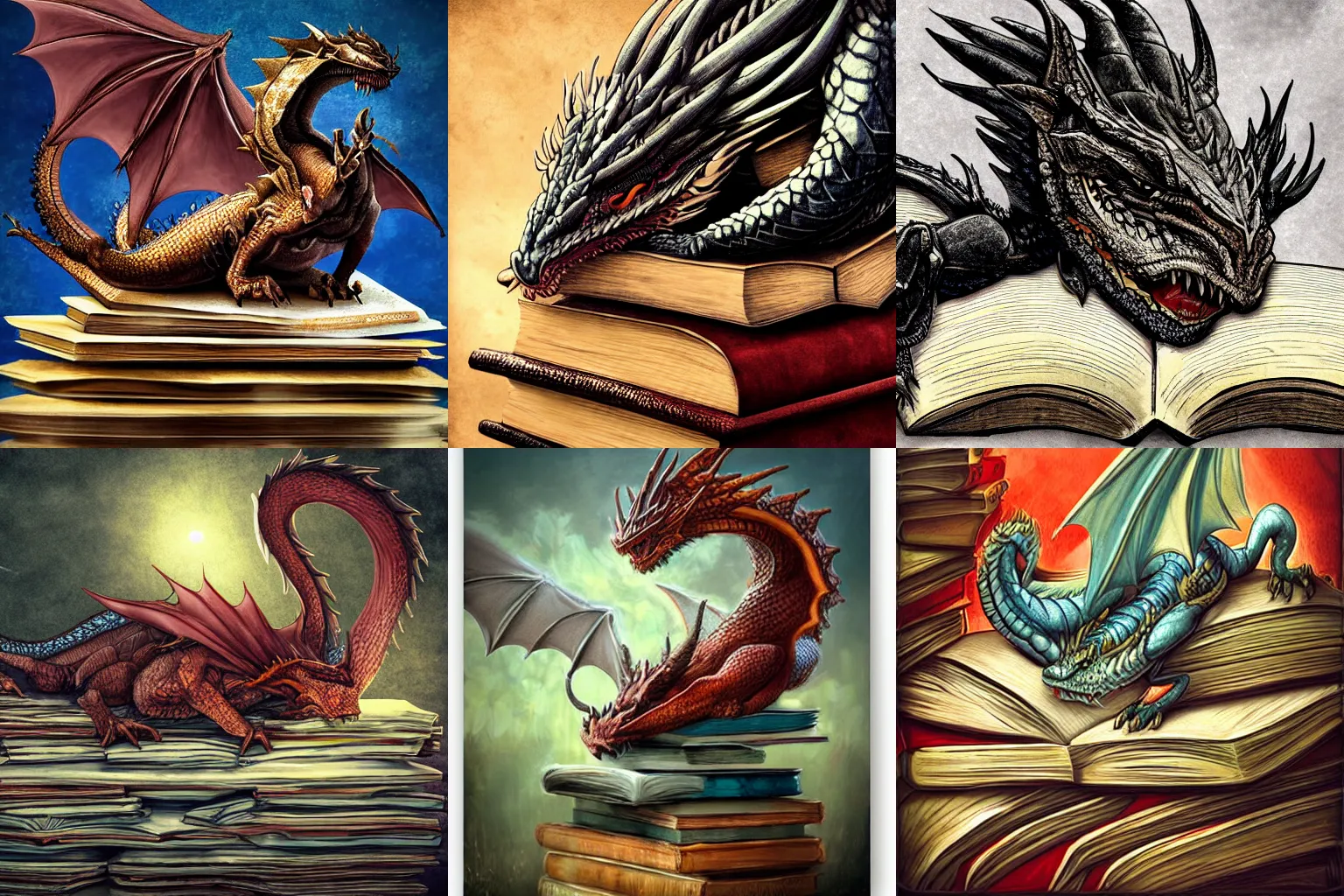 Prompt: A huge dragon sleeping on a big pile of small books, by Randy Vargas