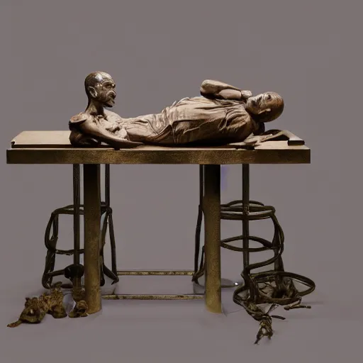 Image similar to hyperrealistic sculpture of a fossilized bronze chinese prisoner on an operating table in a cage on a pedestal, surrounded by surgeons, by duane hanson and lee bontecou and giacometti, patina, hyperrealistic dramatic colored lighting trending on artstation 8 k