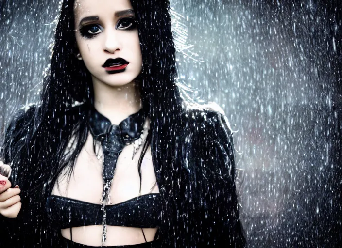 Image similar to closeup portrait of emo vampire goth ariana grande standing in the rain in a dark cyberpunk city, heavy make - up running down face, neon reflections in the puddles, portra 4 0 0 candid photograph portrait by annie leibovitz, 3 5 mm macro shot, f / 3 2, hyperrealistic, cinematic lighting, hd wallpaper, 8 k, 4 k