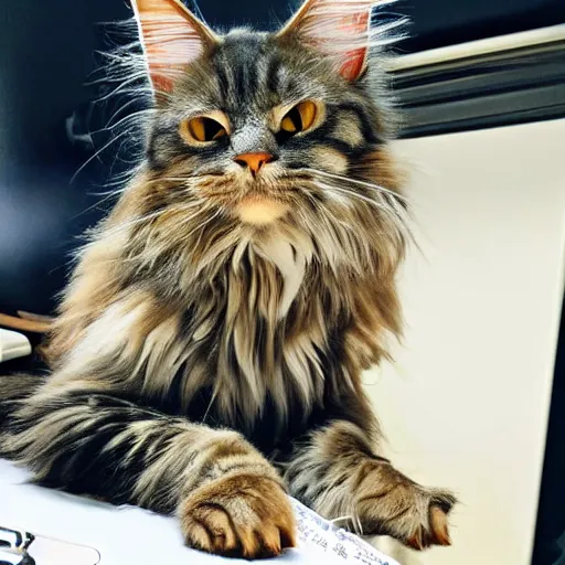 Prompt: my maine coon cat typing up a list of grievances to email to the management about the lack of treats. 3D, Pixar, animated movie still