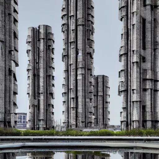 Image similar to a sci - fi beautiful brutalist hypermodern monument, with many rounded brutalist towers sprouting from the base tower creating a complex and unique geometric building, photography