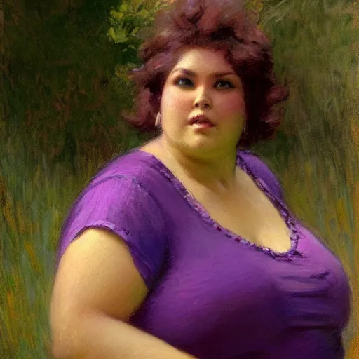 Prompt: a woman in a purple shirt with an obese body type, painting by Gaston Bussiere, Craig Mullins