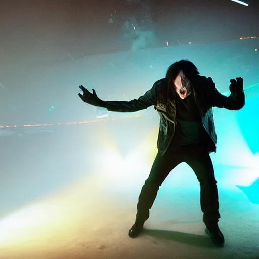 Prompt: Trent Reznor screaming and smashing a guitar on a synthesizer, dust, smoke, colored projections, ultrafine detail, cybersuit, glowing thing wires, smoke, high contrast, projections, associated press photo, masterpiece