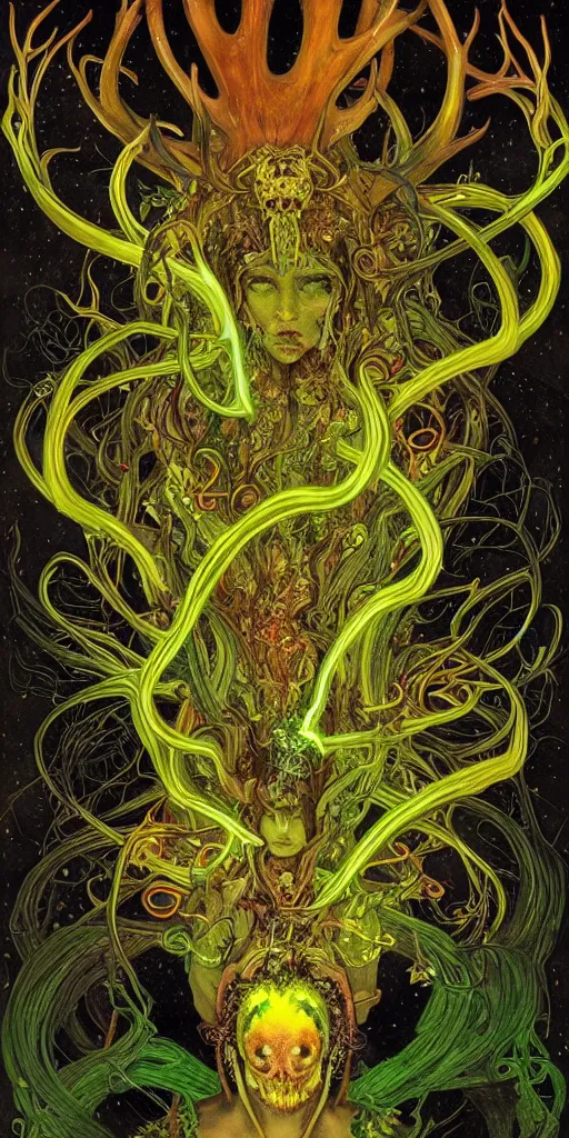 Image similar to intense glowing pagan fungus god with antlers and tentacles and intense glowing eyes and a mossy skull in very dark cosmic space by karol bak and artgerm and alphonse mucha, portrait, fantasy, clear, light beams, lens flare, intense, uhd, amazing depth, cinematic lighting, deep green and black and shining gold