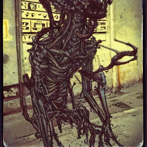 Prompt: realistic highly detailed weirdcore entity creature wandering grungy city streets caught on cursed disposable polaroid photo ( 2 0 1 0 ) designed by wayne barlowe, guillermo del toro, gantz, wlop