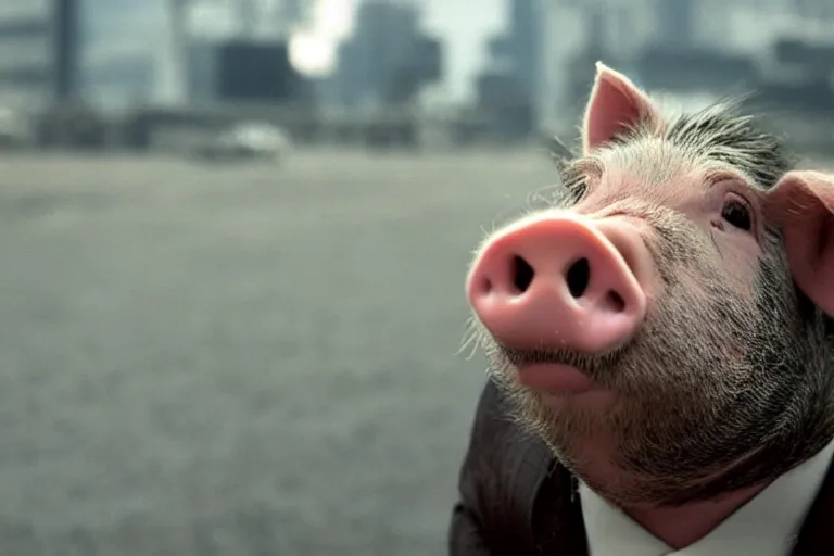 Image similar to movie scene closeup pig wearing a suit at a pidium. by emmanuel lubezki