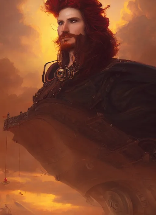 Image similar to portrait painting of a long haired, red headed male sky pirate in front of steampunk airship by raphael lacoste and stephan martiniere fantasy soft hair trending on artstation key art dramtic volumetric lighting, 4 k, award winning