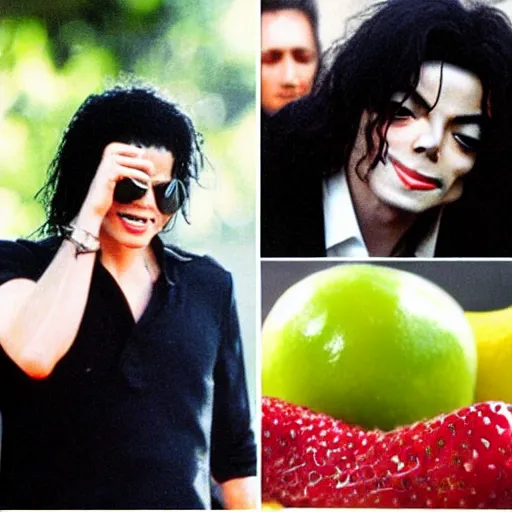 Prompt: michael jackson abusing fruits, paparazzi photo, realistic, sunny day,