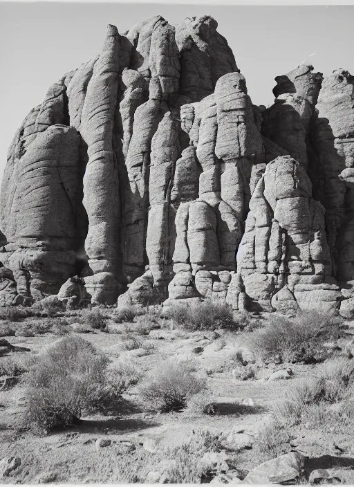 Prompt: Photo of rock formations towering over sparse desert vegetation among rocks and boulders, Utah, albumen silver print, Smithsonian American Art Museum