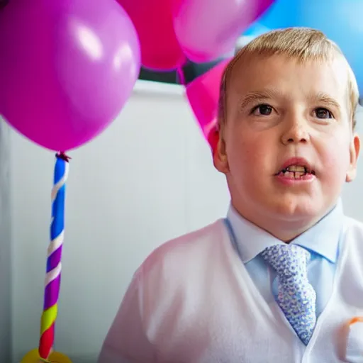 Image similar to prince andrew looking nervous at a children's birthday party, cake, balloons, wide angle, 14mm