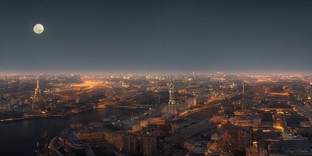 Image similar to cinematic shot of a cityscape futuristic saint petersburg city in the moon, russian orbit city, telephoto, golden mood, iconic scene from the paranoid thriller sci fi film directed by stanley kubrick, anamorphic cinematography, beautiful composition, color theory, leading lines, photorealistic, moody volumetric lighting