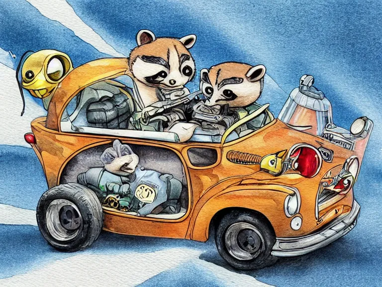 Image similar to cute and funny, racoon riding in a tiny hot rod coupe with oversized engine, ratfink style by ed roth, centered award winning watercolor pen illustration, isometric illustration by chihiro iwasaki, edited by range murata