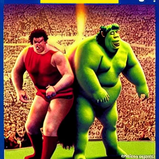 Prompt: WWF poster for shrek vs andre the giant at wrestlemania 8, dramatic lighting, 8k ,