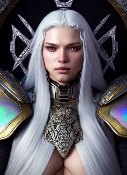 Image similar to light iridescent armor!!! long wild white hair!! covered chest!!! fantasy, d & d, intricate ornate details, digital painting, pretty face!!, symmetry, concept art, sharp focus, illustration, art by artgerm! greg rutkowski magali villeneuve wlop! ilya kuvshinov!!, octane render