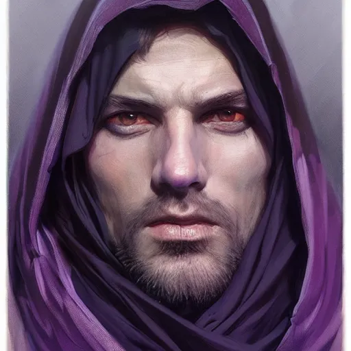 Image similar to ultra realistic illustration, man in a black hood, in a striped purple balaclava, mysterious, highly detailed, digital painting, artstation, concept art, smooth, sharp focus, illustration, art by artgerm and greg rutkowski and alphonse mucha