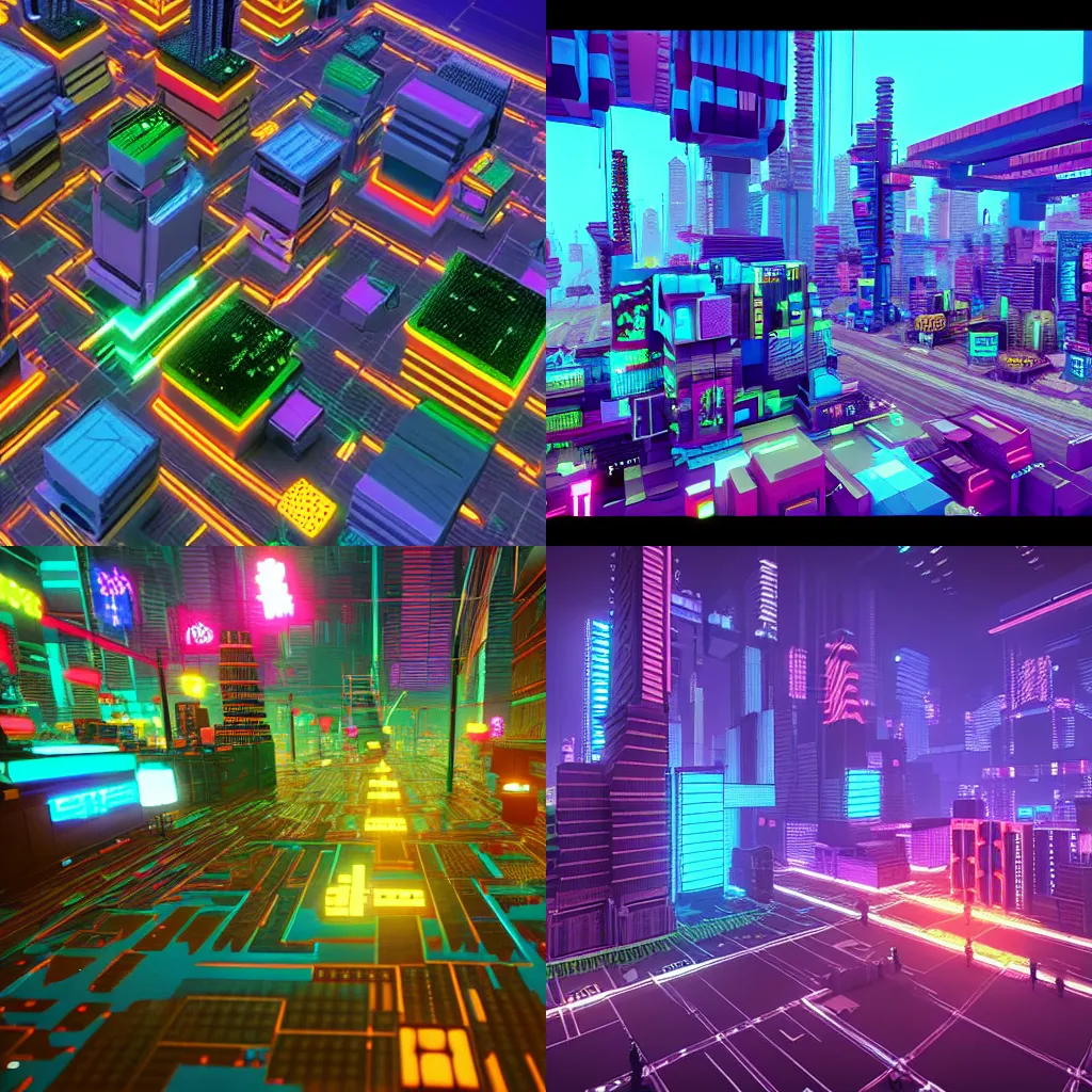 Prompt: cyberpunk voxel city, unreal engine, vivid colors!, detailed!
