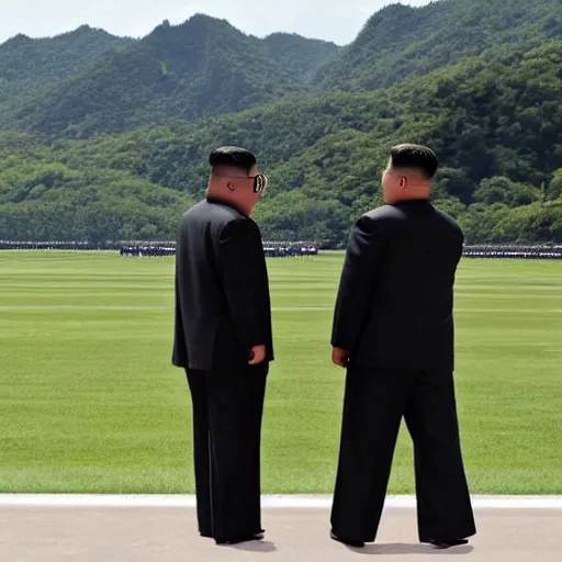 Prompt: trump and kim jong un looking at military parade with binoculars