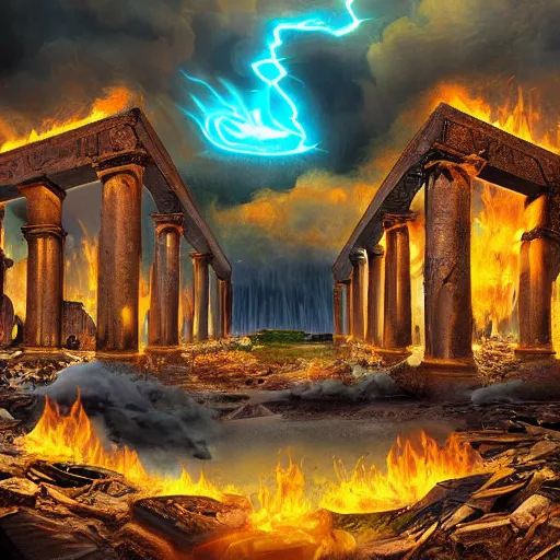 Image similar to digital art of fire and hail destroy a 4000BC middle eastern town, frightening, terrifying, divine, golden ratio, f32, well composed, cohesive