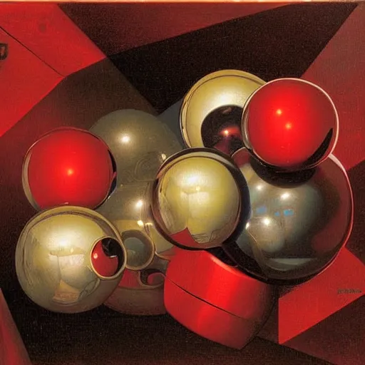 Prompt: chrome spheres on a red cube by daniel maclise