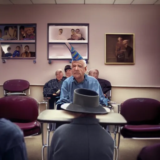 Prompt: wide angle portrait of werner herzog sitting alone in the waiting area of the dmv wearing a birthday party hat. wide shot, ansel adams, award winning, hyperrealistic, grand budapest hotel, studio lighting, very detailed face, chiaroscuro, film noir