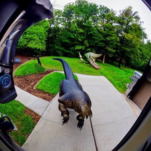 Prompt: fisheye view of dinosaur stealing packages, ring doorbell view