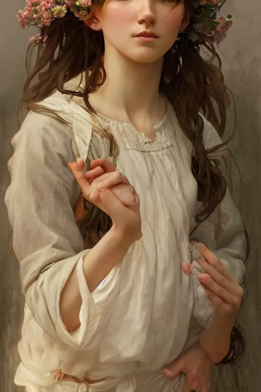 Image similar to beautiful cottagecore young peasant maiden, innocent, intricate, elegant, highly detailed, digital painting, artstation, concept art, smooth, sharp focus, illustration, art by artgerm and greg rutkowski and alphonse mucha