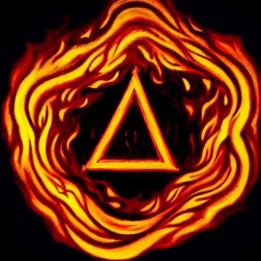 Image similar to dramatic chiaroscuro painting of an esoteric symbol, glowing with strange power. it is surrounded by a ring of flames, but remains untouched.