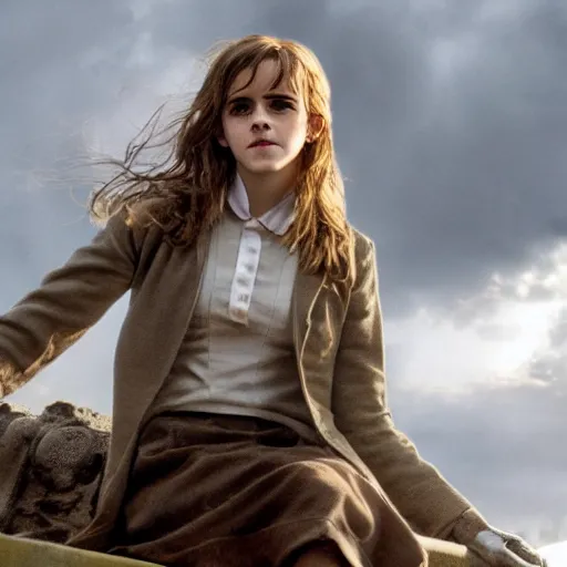 Prompt: Photo of Emma Watson as Hermione Granger on top of a tank in Hogwarts, establishing shot